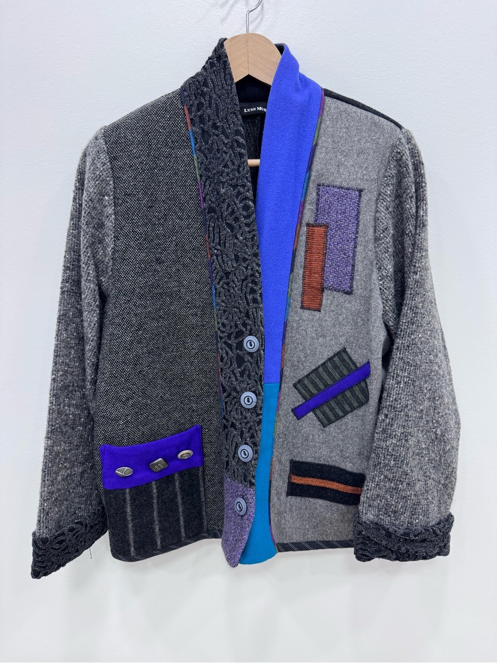 Lynn Murray Fabric Art Jacket 100% Wool Gray Black Funky Retro Sz Small